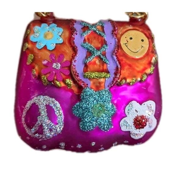 Groovy Handbag Glass Ornament Pink Peace Flower Power Purse 60s Retro Glitter - Picture 4 of 7